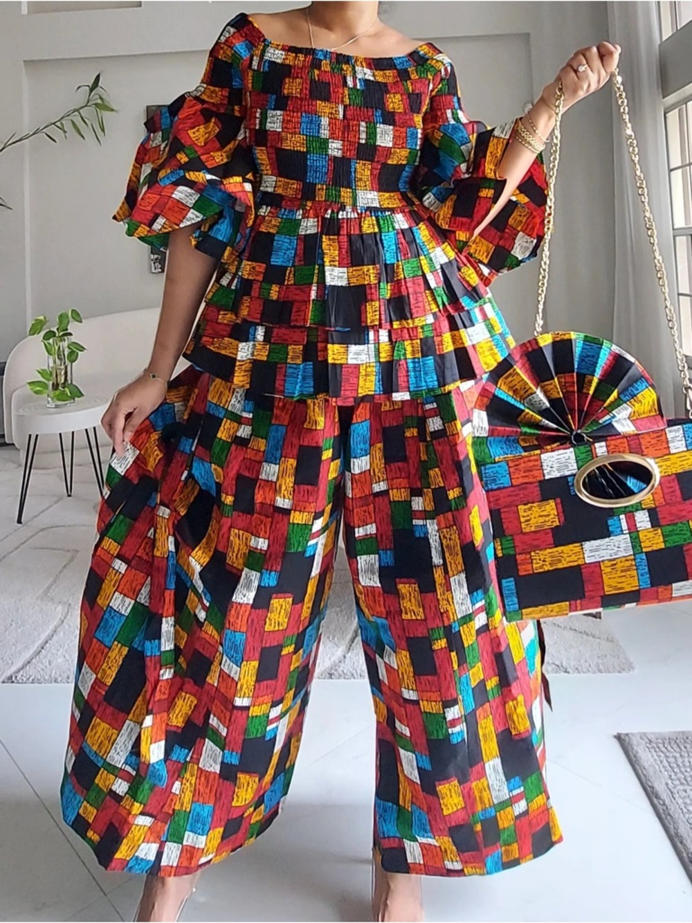 5-Piece African Ankara Pant Set – Red & Black Elegance - Picture 7 of 8